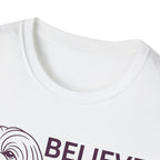 Believe in the Power of Dog Shih Tzu Line Art T-Shirt in white, close-up detail of the neckline and upper chest showing the top of the Shih Tzu line art and Believe text.