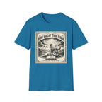 How Great Thou Bark Monotone T-Shirt flat lay on sapphire blue shirt featuring a vintage-style sepia graphic of a dog standing on a hilltop with divine rays of light and an open bible, with the text 'How Great Thou Bark – A Hymn for the Devoted.'