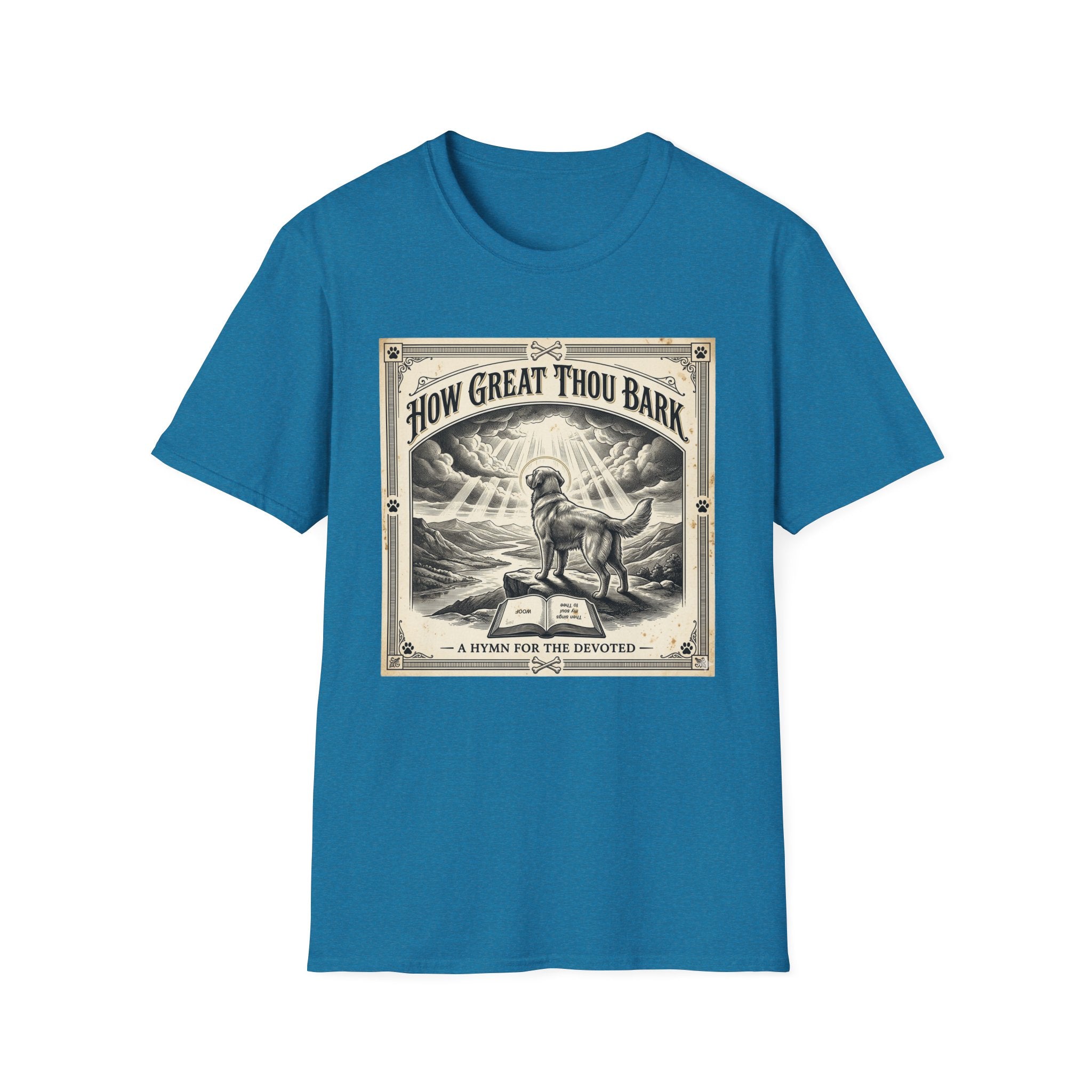 How Great Thou Bark Monotone T-Shirt flat lay on sapphire blue shirt featuring a vintage-style sepia graphic of a dog standing on a hilltop with divine rays of light and an open bible, with the text 'How Great Thou Bark – A Hymn for the Devoted.'
