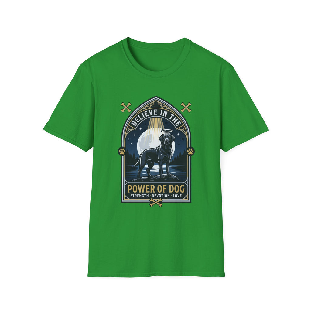 Believe in the Power of Dog Black Lab T-Shirt in kelly green, flat lay view showing a gothic arch-framed graphic of a halo-wearing black Labrador standing under a full moon with a starry night sky, paw prints, crossed bones, and the words 'Strength Devotion Love'.