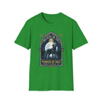 Believe in the Power of Dog Black Lab T-Shirt in kelly green, flat lay view showing a gothic arch-framed graphic of a halo-wearing black Labrador standing under a full moon with a starry night sky, paw prints, crossed bones, and the words 'Strength Devotion Love'.