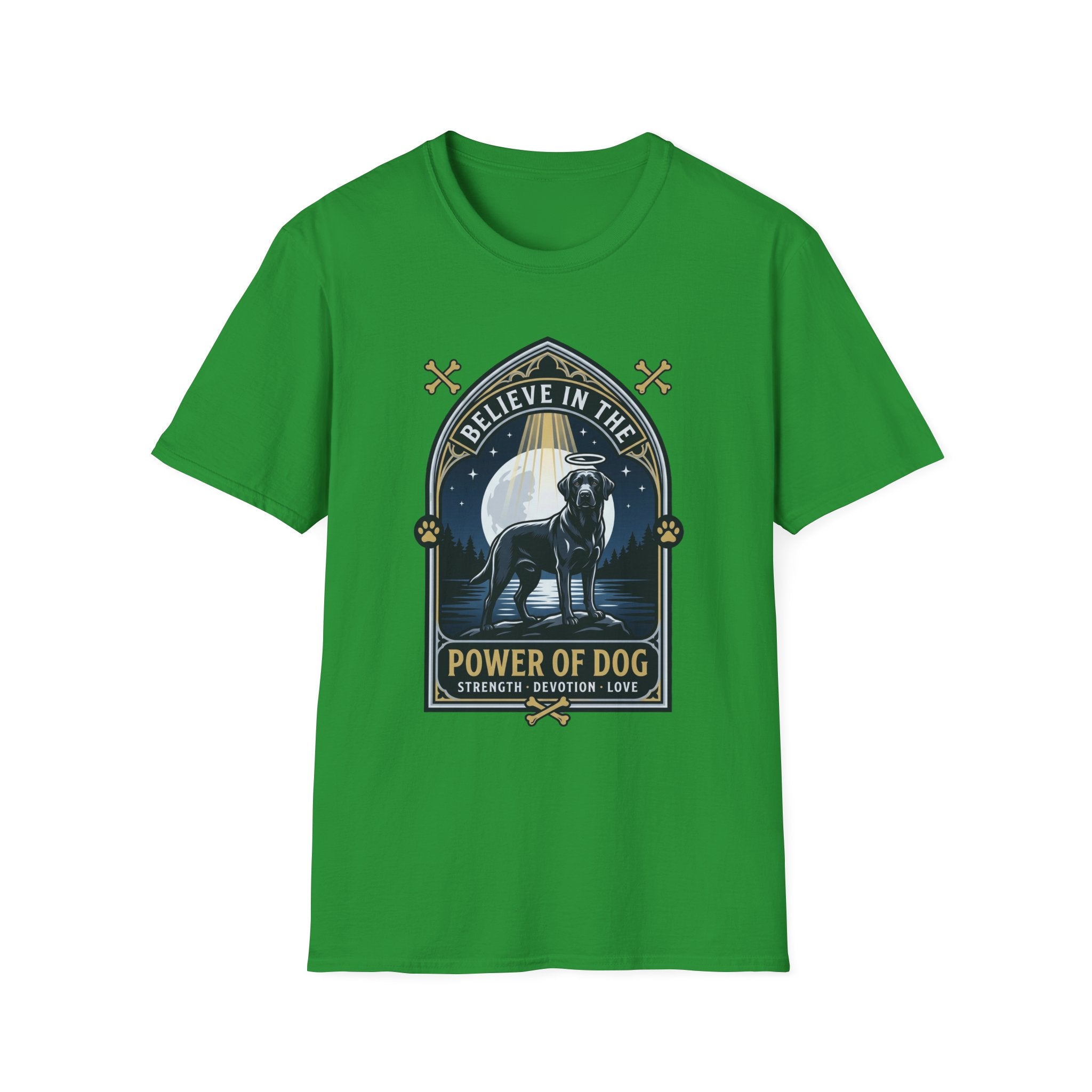 Believe in the Power of Dog Black Lab T-Shirt in kelly green, flat lay view showing a gothic arch-framed graphic of a halo-wearing black Labrador standing under a full moon with a starry night sky, paw prints, crossed bones, and the words 'Strength Devotion Love'.