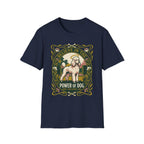 Believe in the Power of Dog Poodle T-Shirt in navy, flat lay view showing an Art Nouveau-framed graphic of a halo-wearing cream poodle in a garden setting, with floral borders and the words 'Grace Intelligence Love'.