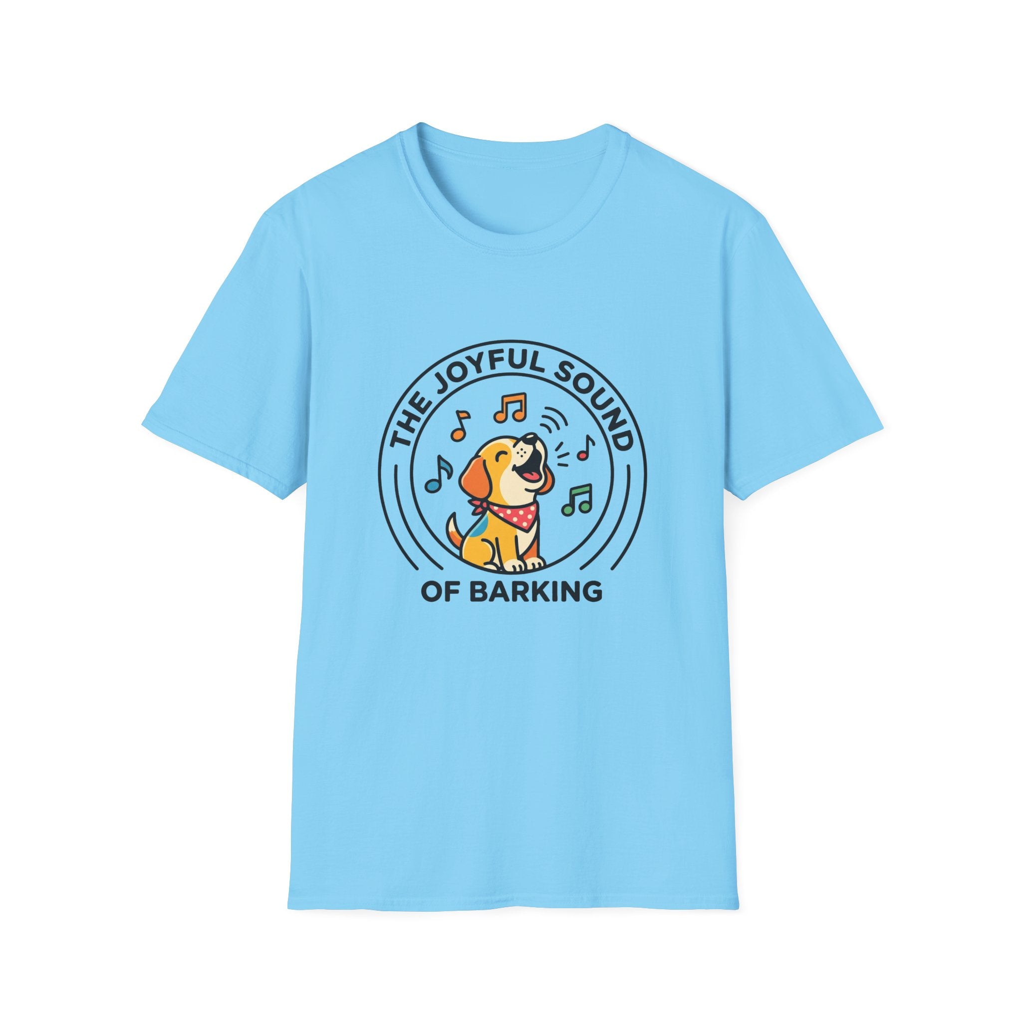 The Joyful Sound of Barking T-shirt flat lay, light blue shirt featuring a circular badge graphic of a cartoon yellow dog with a red bandana howling joyfully with musical notes and the text 'The Joyful Sound of Barking.'
