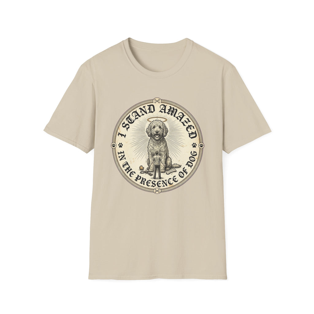 I Stand Amazed Golden Doodle T-Shirt flat lay in sand, featuring a circular vintage-style graphic of a fluffy golden doodle with a halo surrounded by rays of light, with the text "I Stand Amazed in the Presence of Dog" and a small human figure kneeling before the dog.