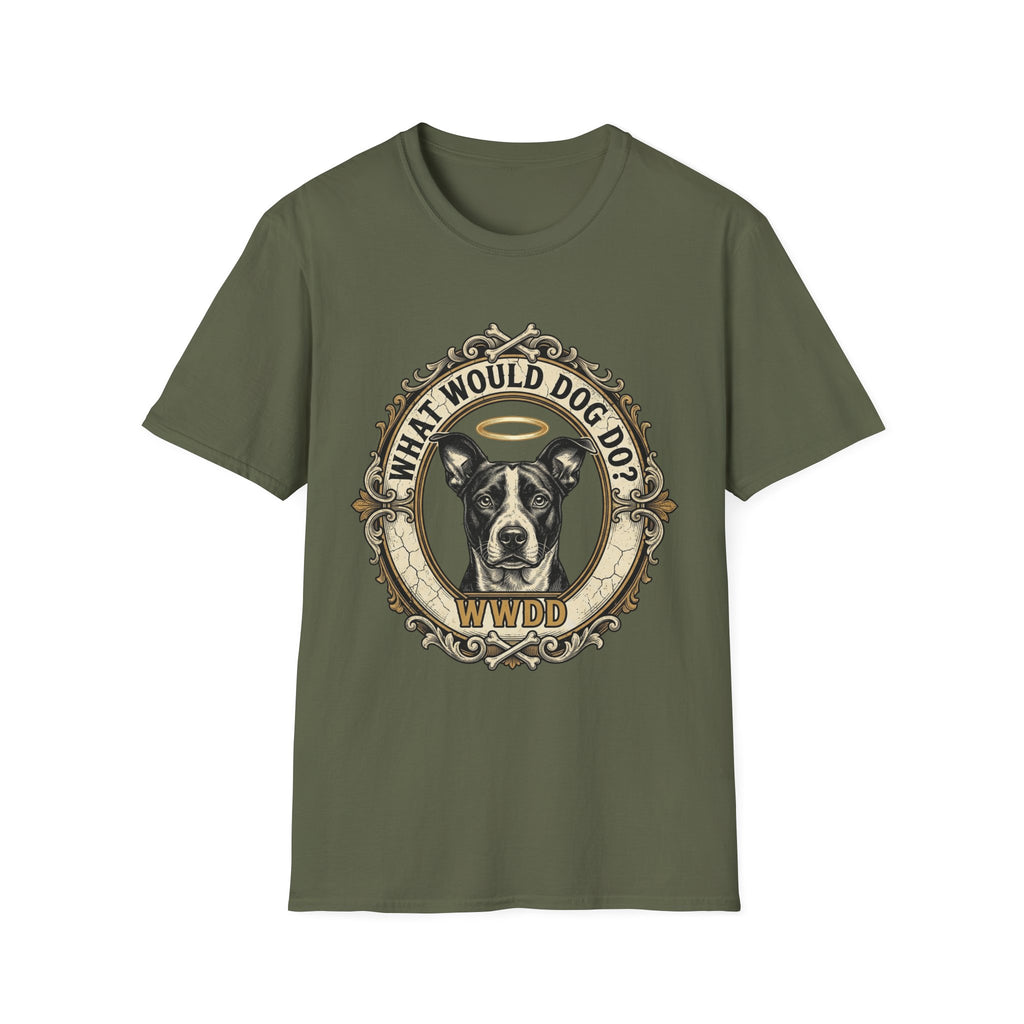 What Would Dog Do T-Shirt flat lay on military green shirt featuring an ornate vintage frame design with a halo-wearing pit bull and the text What Would Dog Do? WWDD.