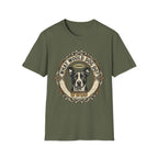 What Would Dog Do T-Shirt flat lay on military green shirt featuring an ornate vintage frame design with a halo-wearing pit bull and the text What Would Dog Do? WWDD.