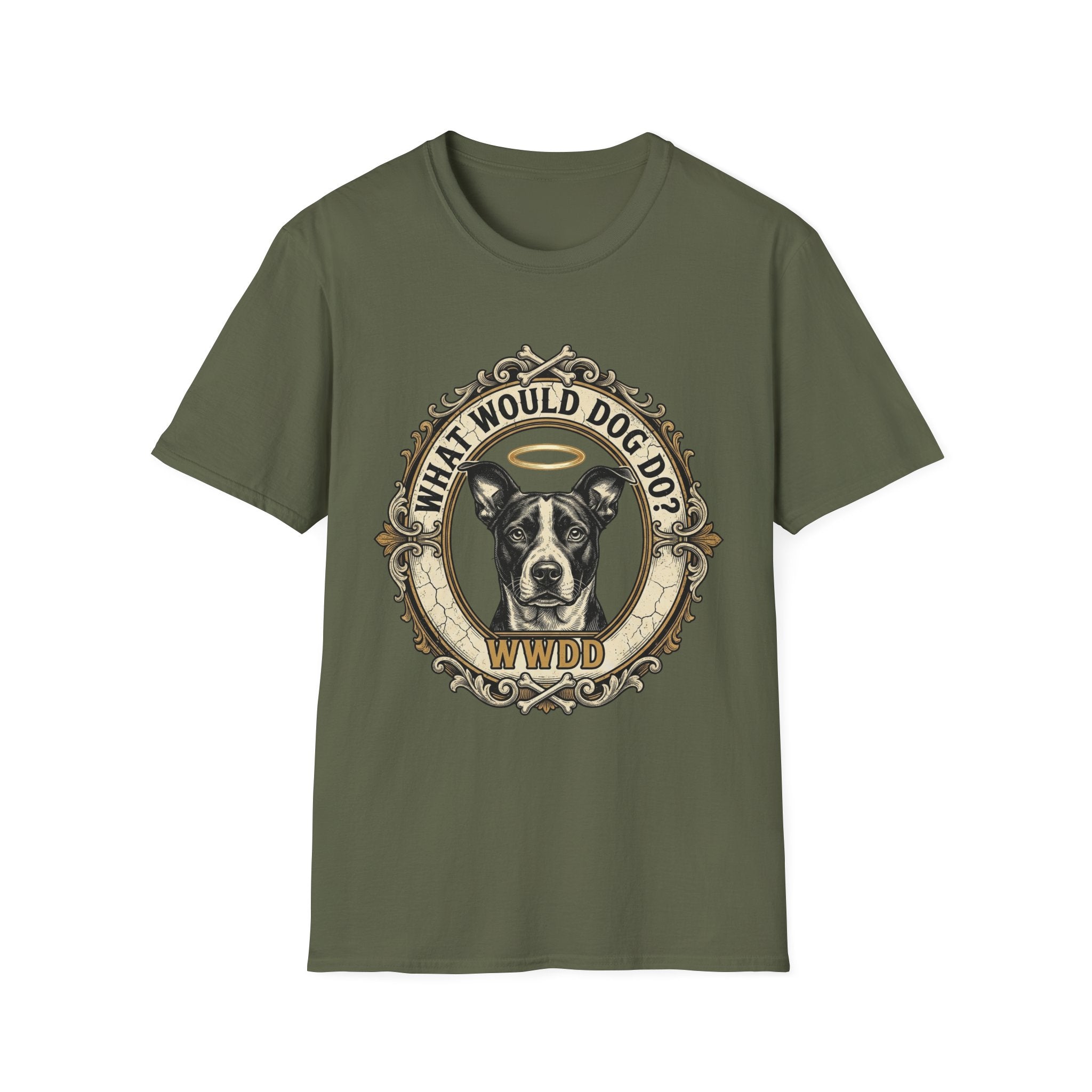What Would Dog Do T-Shirt flat lay on military green shirt featuring an ornate vintage frame design with a halo-wearing pit bull and the text What Would Dog Do? WWDD.