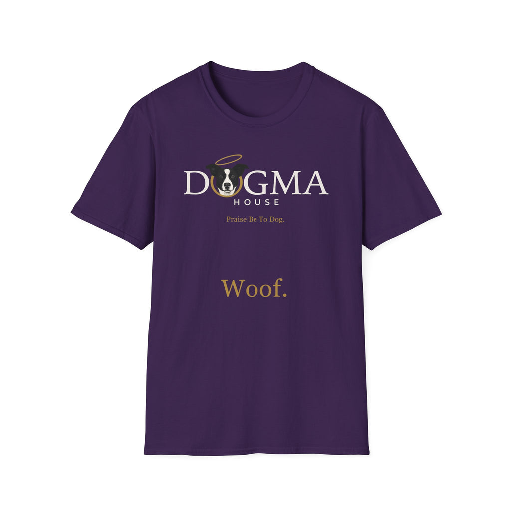 Dogma House Logo Dark T-Shirt flat lay in purple, featuring the Dogma House logo with a halo-adorned dog, the text 'Praise Be To Dog,' and 'Woof.' in gold lettering.