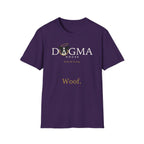 Dogma House Logo Dark T-Shirt flat lay in purple, featuring the Dogma House logo with a halo-adorned dog, the text 'Praise Be To Dog,' and 'Woof.' in gold lettering.