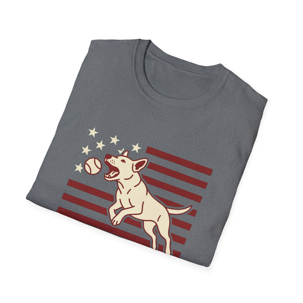 Pursuit of Fetch T-Shirt in heather gray, folded view showing the leaping dog catching a tennis ball over a flag of red stripes and stars graphic on the chest.