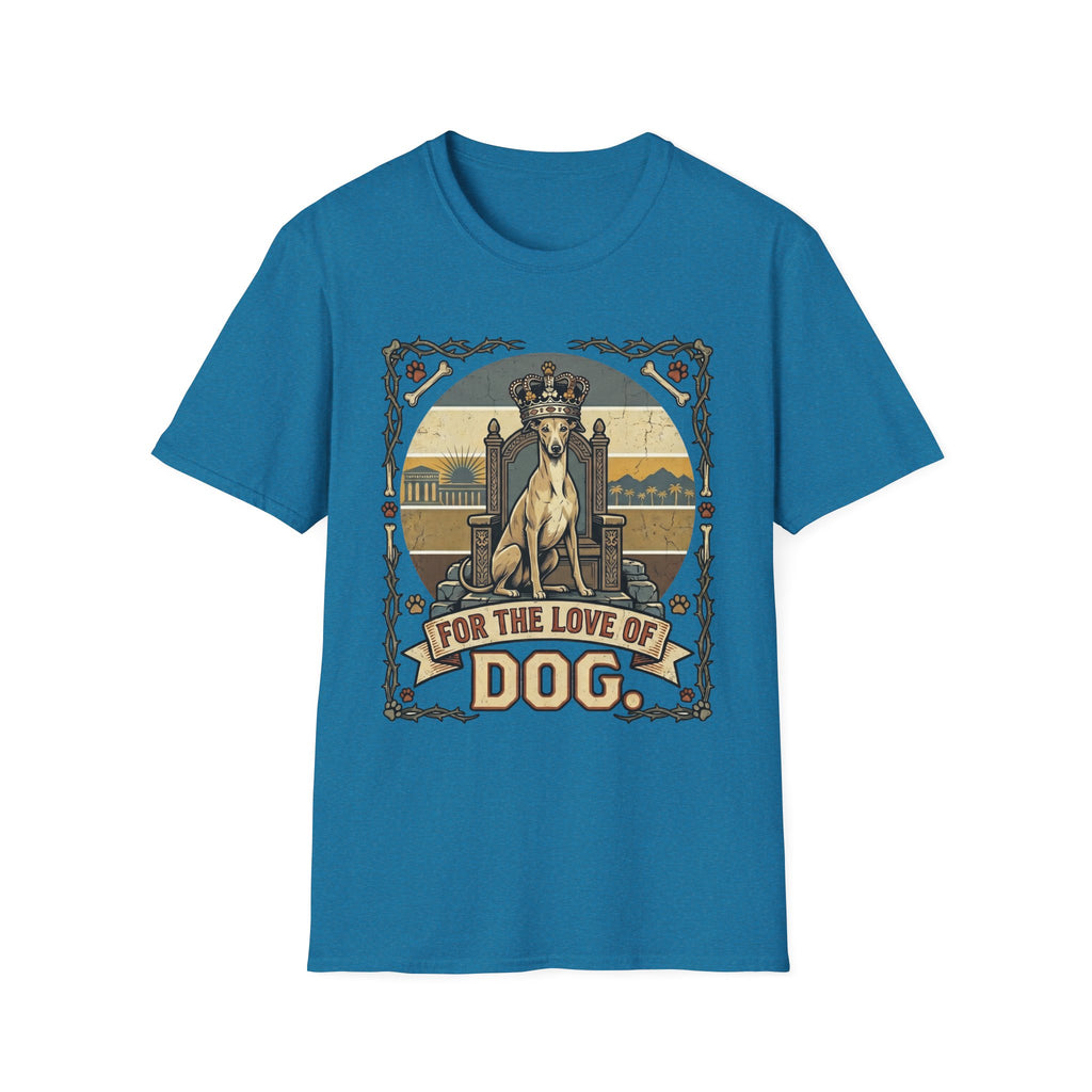 For the Love of Dog Whippet T-Shirt flat lay in sapphire blue featuring a crowned whippet seated on a throne in a vintage illustration with an ornate thorn and bone border, "For the Love of Dog" banner below.