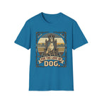For the Love of Dog Whippet T-Shirt flat lay in sapphire blue featuring a crowned whippet seated on a throne in a vintage illustration with an ornate thorn and bone border, "For the Love of Dog" banner below.