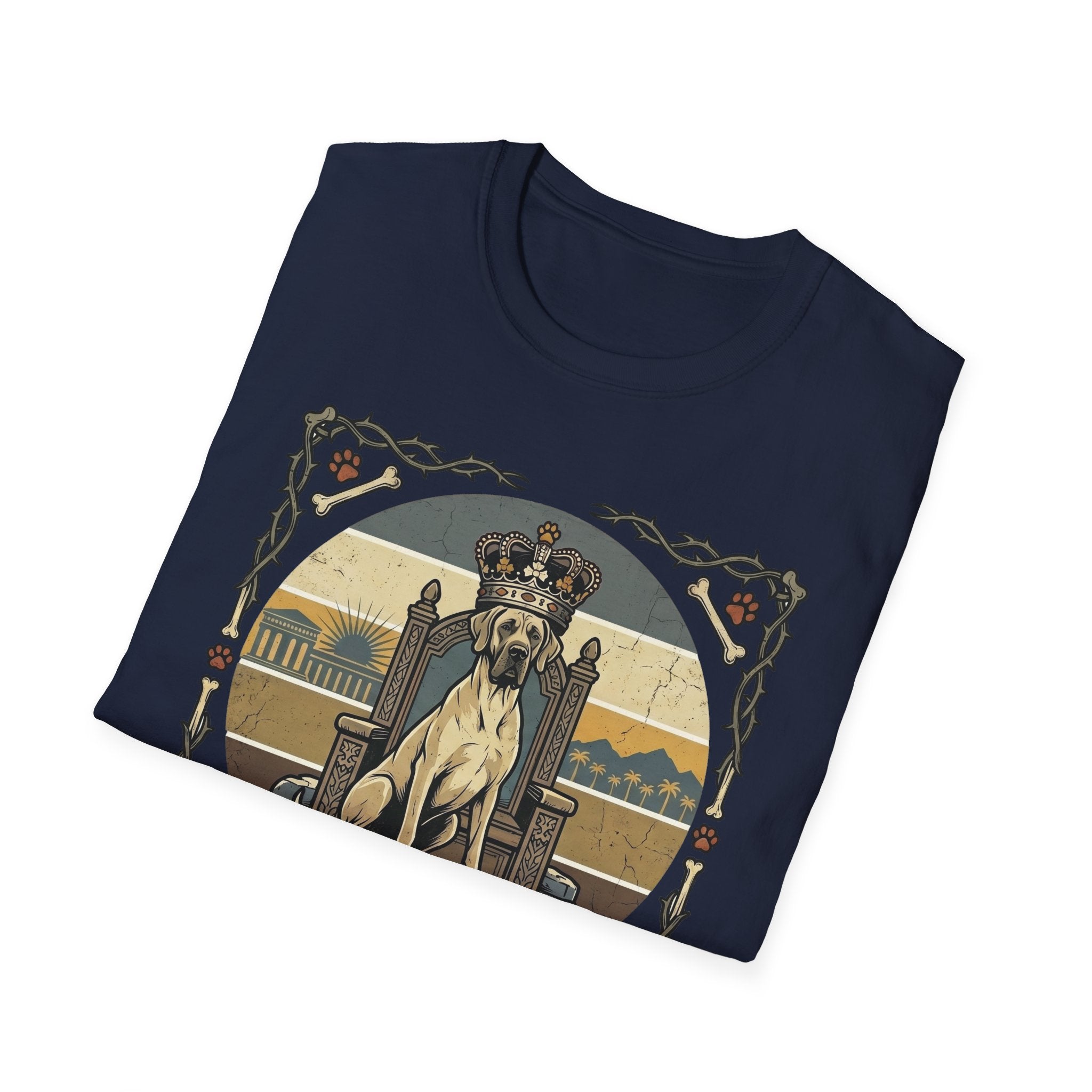For the Love of Dog Great Dane T-Shirt folded view in navy blue showing the crowned Great Dane seated on a throne with vintage-style thorn and bone border graphic.