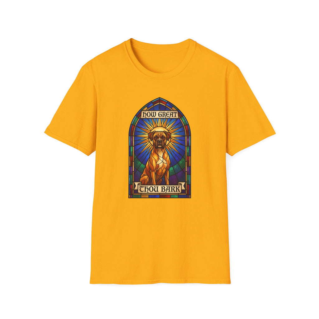 How Great Thou Bark Boxer T-Shirt flat lay on gold/yellow shirt featuring a stained glass arched window graphic of a saintly Boxer dog seated with a golden halo, with 'How Great Thou Bark' scrolls above and below.