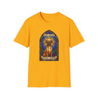 How Great Thou Bark Boxer T-Shirt flat lay on gold/yellow shirt featuring a stained glass arched window graphic of a saintly Boxer dog seated with a golden halo, with 'How Great Thou Bark' scrolls above and below.
