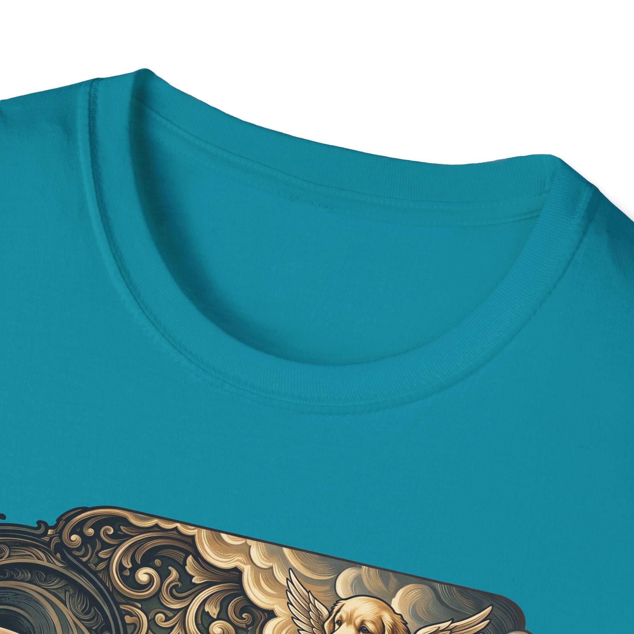 Creation of Adam T-Shirt close-up detail on tropical teal shirt showing the angel golden retriever with wings and cherub in the baroque cloud design of the Creation of Adam parody graphic.
