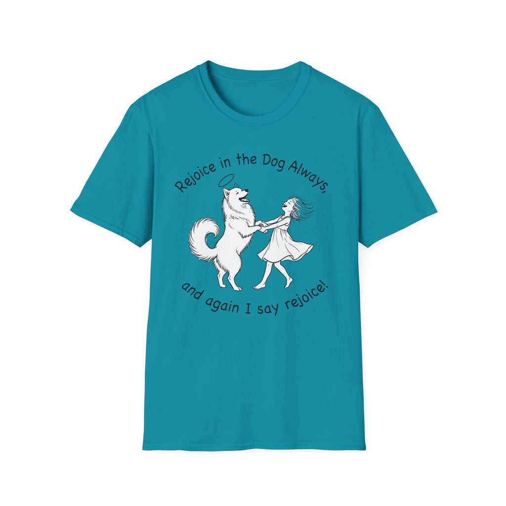 Rejoice in the Dog Samoyed T-Shirt in teal, flat lay mockup showing a fluffy white Samoyed with a halo dancing with a woman, line-art illustration with the text 'Rejoice in the Dog Always, and again I say rejoice!'