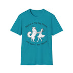 Rejoice in the Dog Samoyed T-Shirt in teal, flat lay mockup showing a fluffy white Samoyed with a halo dancing with a woman, line-art illustration with the text 'Rejoice in the Dog Always, and again I say rejoice!'