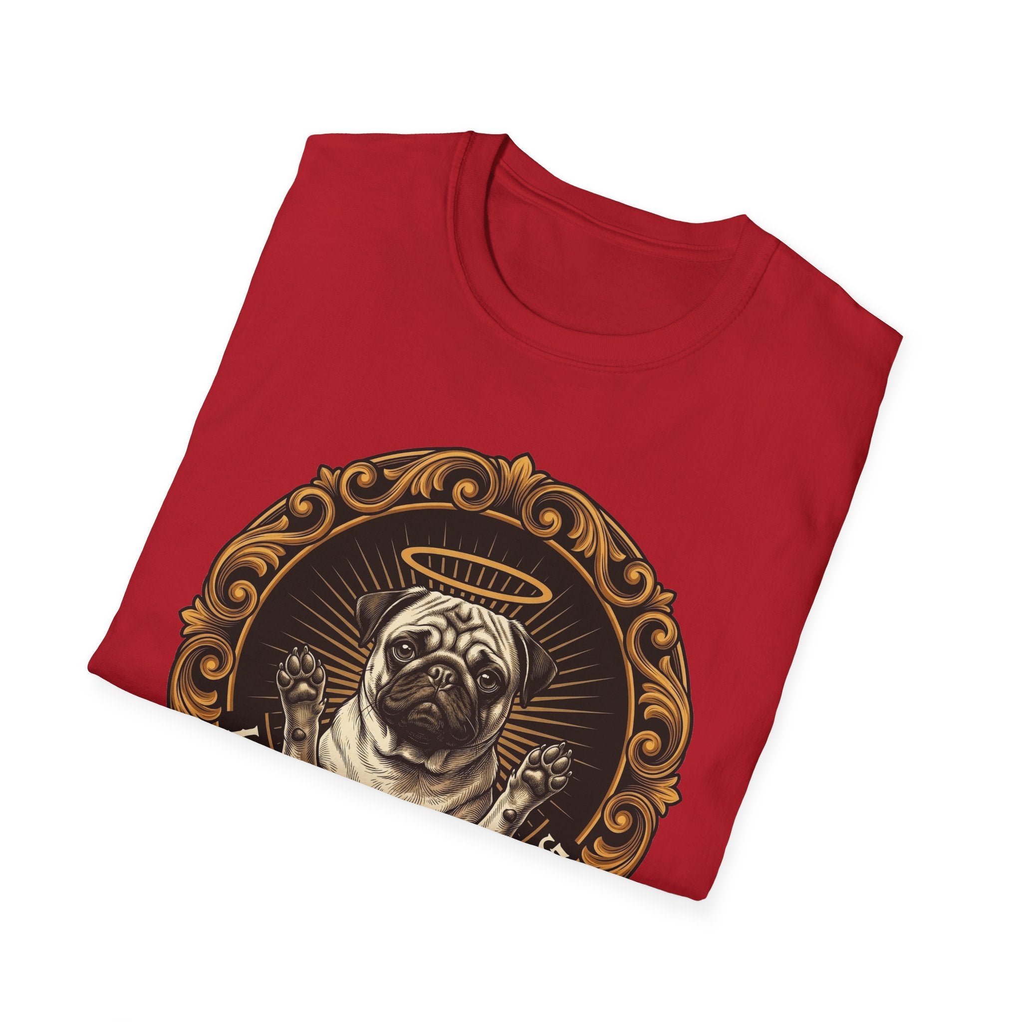 Let Go Let Dog Pug T-Shirt folded view on red, showing the front graphic of the halo-wearing pug in an ornate gold medallion.