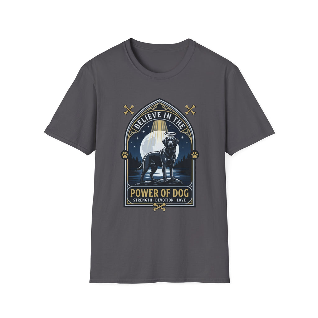 Believe in the Power of Dog Black Lab T-Shirt in charcoal grey, flat lay view showing a gothic arch-framed graphic of a halo-wearing black Labrador standing under a full moon with a starry night sky, paw prints, crossed bones, and the words 'Strength Devotion Love'.