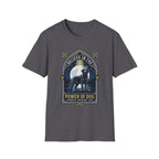 Believe in the Power of Dog Black Lab T-Shirt in charcoal grey, flat lay view showing a gothic arch-framed graphic of a halo-wearing black Labrador standing under a full moon with a starry night sky, paw prints, crossed bones, and the words 'Strength Devotion Love'.