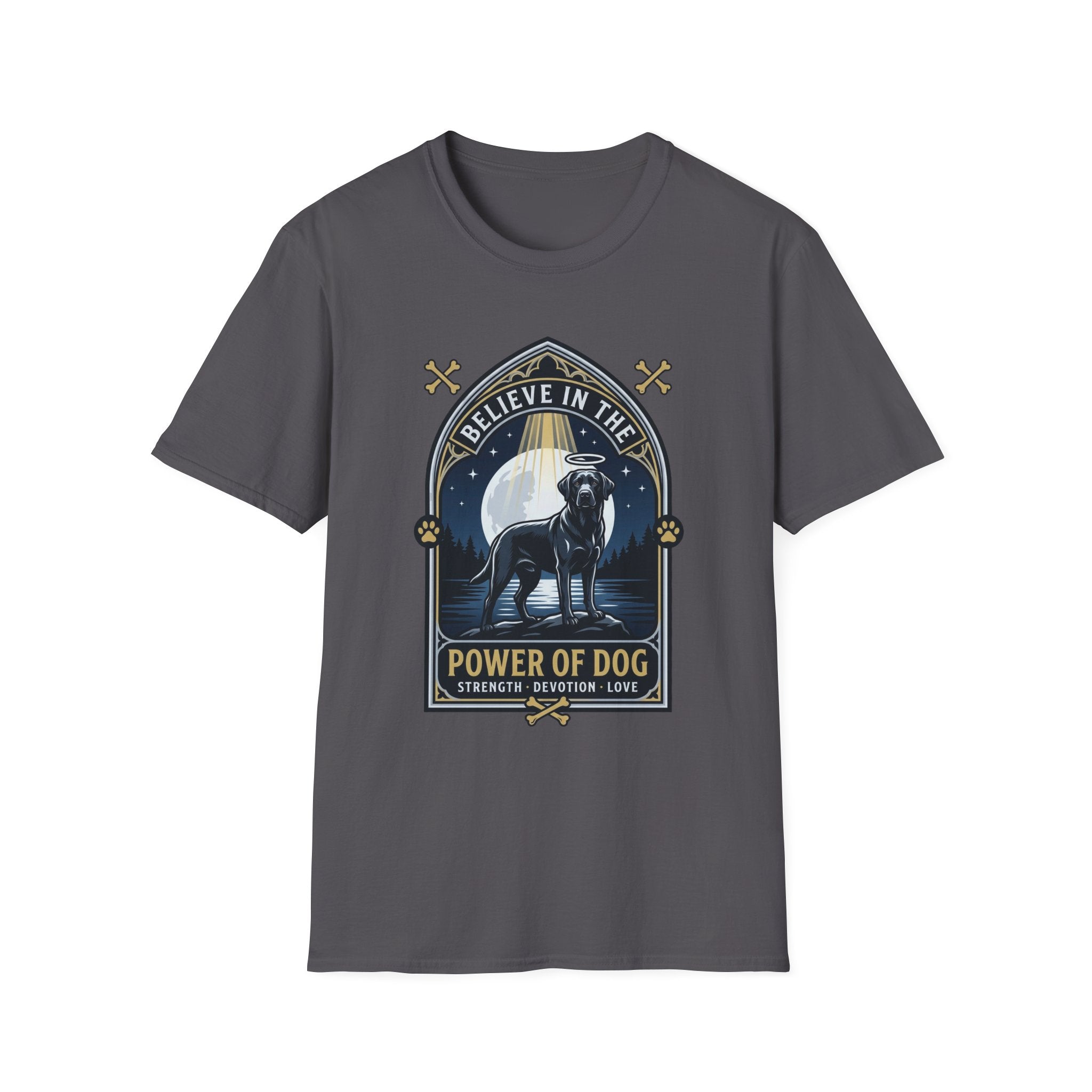 Believe in the Power of Dog Black Lab T-Shirt in charcoal grey, flat lay view showing a gothic arch-framed graphic of a halo-wearing black Labrador standing under a full moon with a starry night sky, paw prints, crossed bones, and the words 'Strength Devotion Love'.