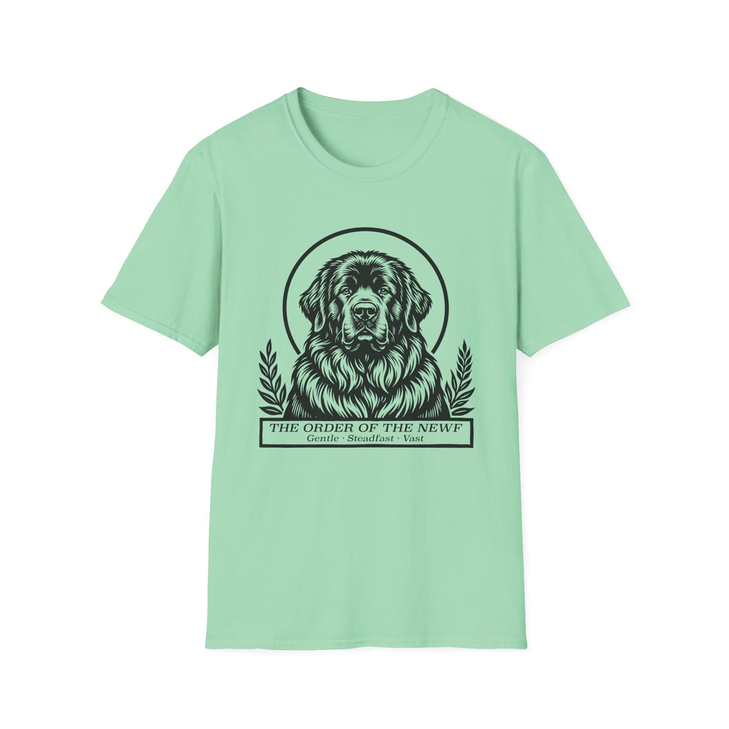 Holy Orders | Newfoundland T-Shirt flat lay on navy shirt featuring a stained glass style illustration of a Newfoundland depicted as a holy figure with a golden halo and the text 'Holy Orders.'