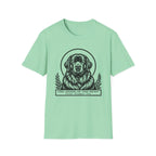 Holy Orders | Newfoundland T-Shirt flat lay on navy shirt featuring a stained glass style illustration of a Newfoundland depicted as a holy figure with a golden halo and the text 'Holy Orders.'