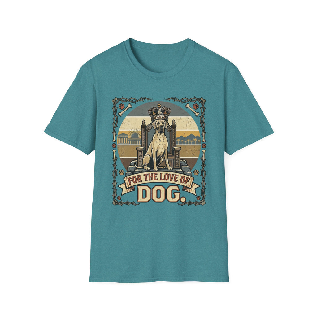 For the Love of Dog Great Dane T-Shirt flat lay in teal featuring a crowned Great Dane seated on a throne in a vintage illustration with an ornate thorn and bone border, "For the Love of Dog" banner below.