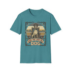 For the Love of Dog Great Dane T-Shirt flat lay in teal featuring a crowned Great Dane seated on a throne in a vintage illustration with an ornate thorn and bone border, "For the Love of Dog" banner below.