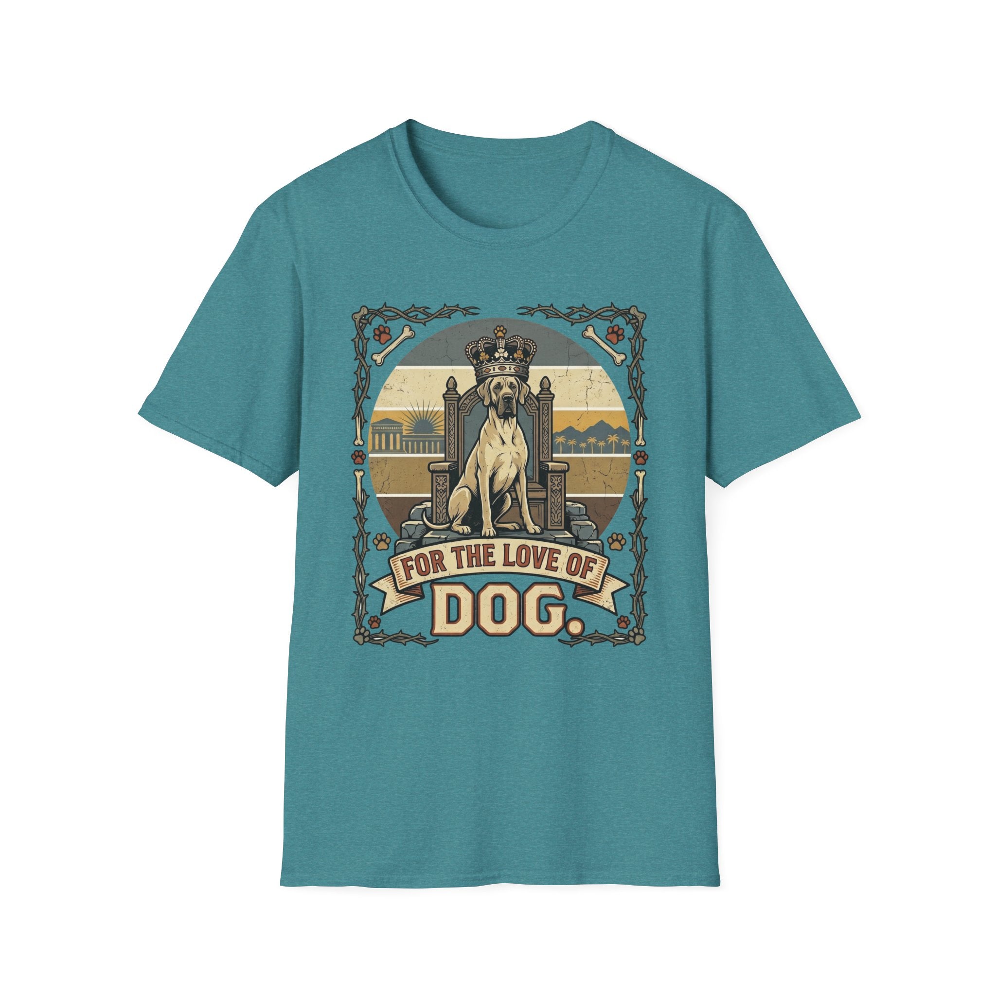 For the Love of Dog Great Dane T-Shirt flat lay in teal featuring a crowned Great Dane seated on a throne in a vintage illustration with an ornate thorn and bone border, "For the Love of Dog" banner below.