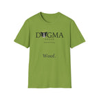 Dogma House Logo Light T-Shirt flat lay in green, featuring the Dogma House brand logo with a border collie face with a golden halo and the tagline "Praise Be To Dog." and "Woof." text.