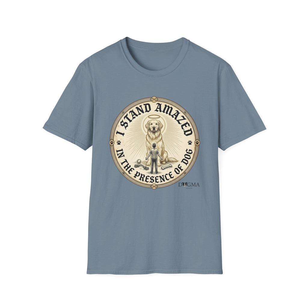 I Stand Amazed Golden Retriever T-Shirt flat lay in slate blue, featuring a circular vintage-style graphic of a golden retriever with a halo and the text "I Stand Amazed in the Presence of Dog" with Dogma House branding.