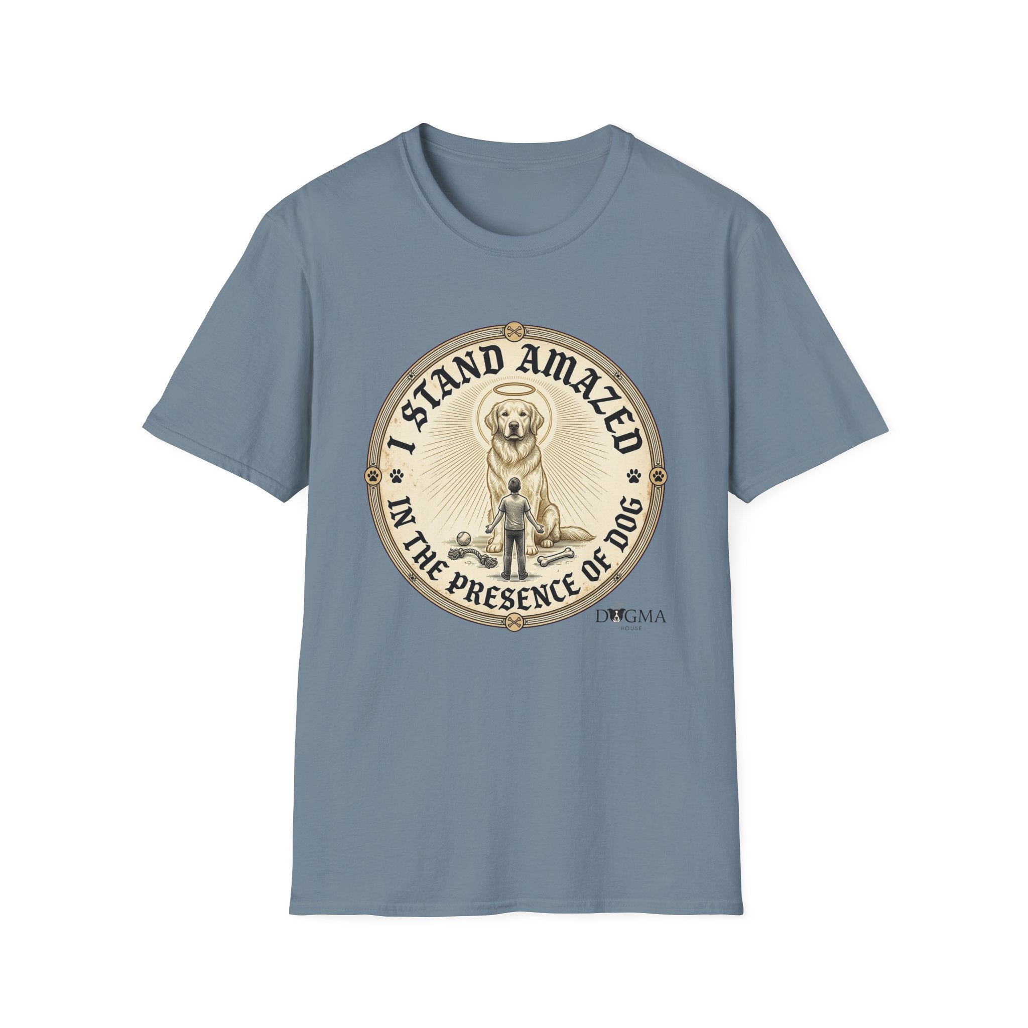 I Stand Amazed Golden Retriever T-Shirt flat lay in slate blue, featuring a circular vintage-style graphic of a golden retriever with a halo and the text "I Stand Amazed in the Presence of Dog" with Dogma House branding.