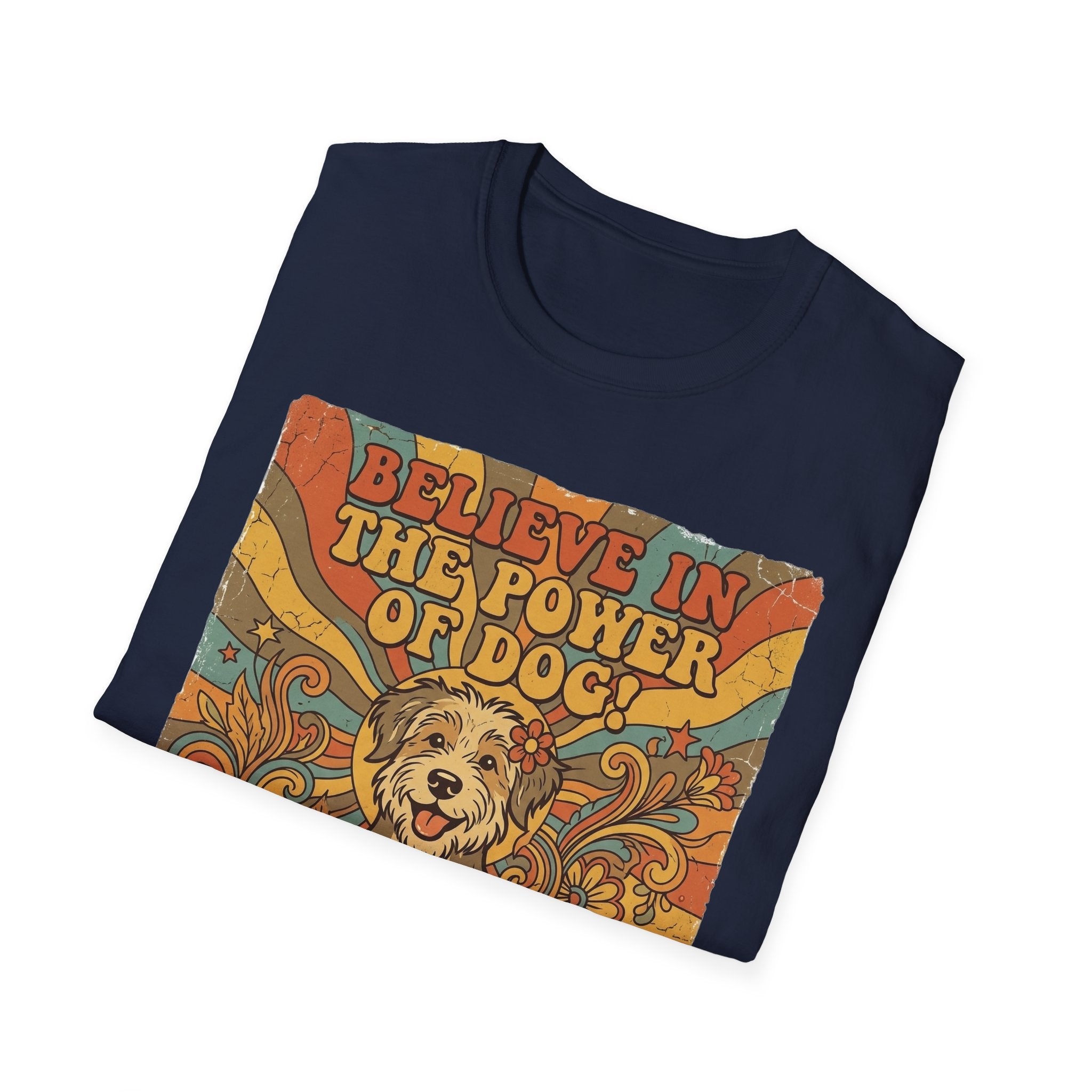 Believe in the Power of Dog Retro T-Shirt folded flat lay in navy, showing the vintage 70s graphic of a fluffy dog face with rainbow rays and groovy text.