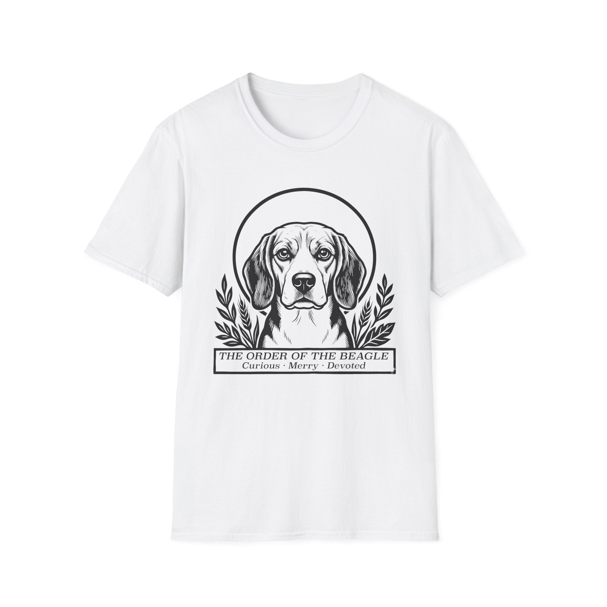 Holy Orders | Beagle T-Shirt flat lay on navy shirt featuring a stained glass style illustration of a Beagle depicted as a holy figure with a golden halo and the text 'Holy Orders.'