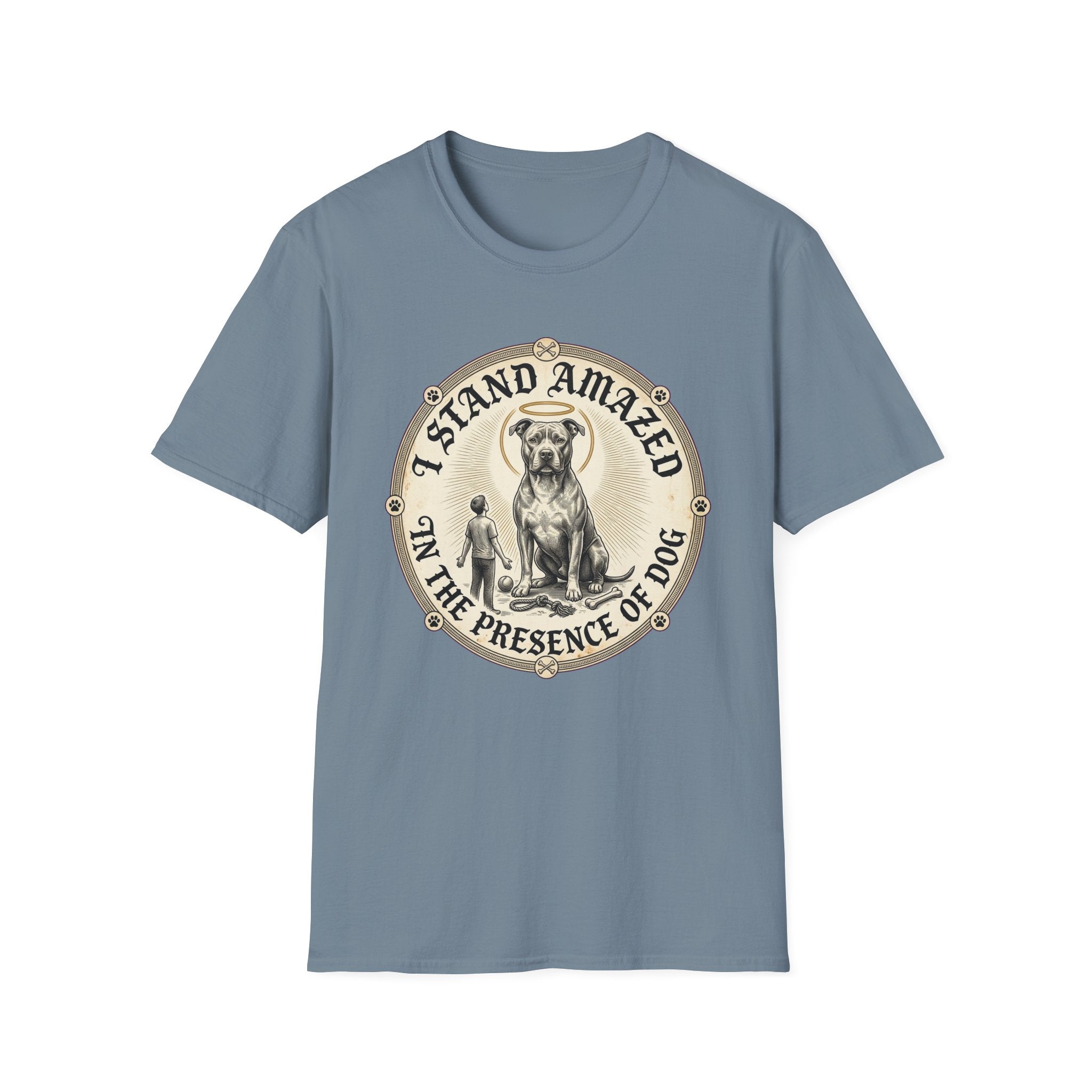I Stand Amazed Pitbull T-Shirt in steel blue, flat lay front view showing a vintage-style circular graphic of a pitbull with a halo seated above a small human figure, with the text 'I Stand Amazed in the Presence of Dog.'