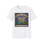 How Great Thou Bark Golden Retriever T-shirt flat lay, white shirt featuring a stained-glass style graphic of a golden retriever on a hilltop with sunbeams and the text 'How Great Thou Bark – A Hymn for the Devoted.'