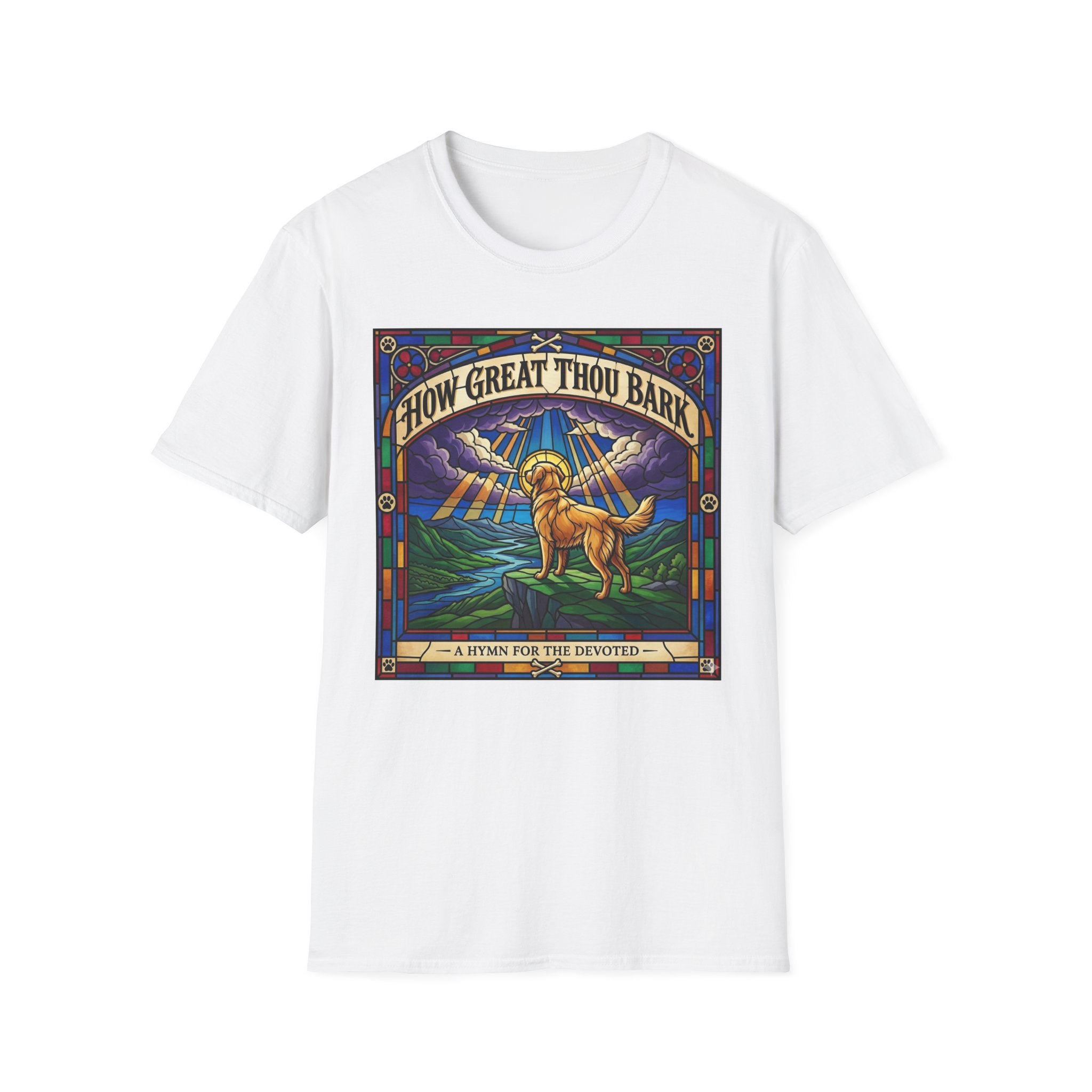 How Great Thou Bark Golden Retriever T-shirt flat lay, white shirt featuring a stained-glass style graphic of a golden retriever on a hilltop with sunbeams and the text 'How Great Thou Bark – A Hymn for the Devoted.'