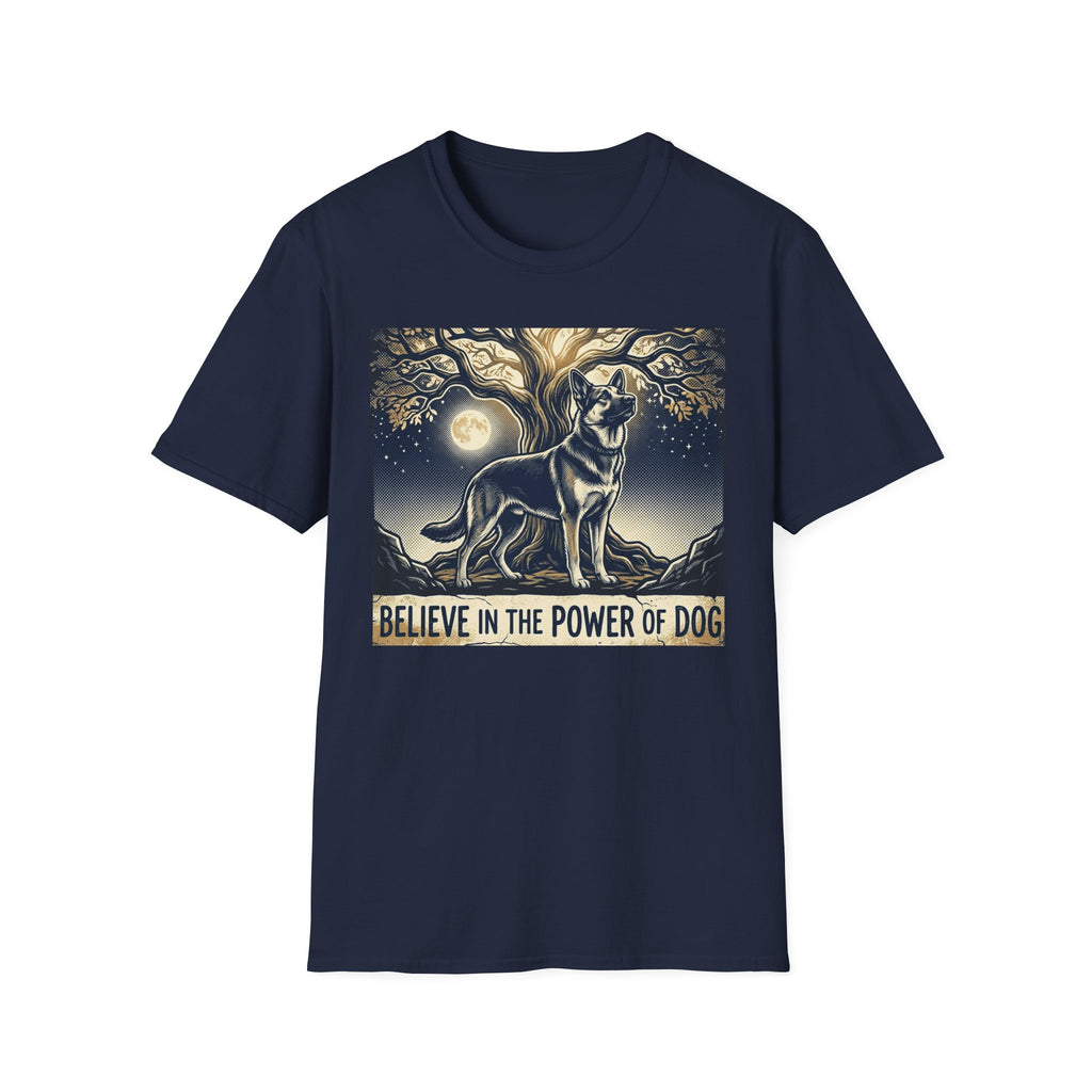 Believe in the Power of Dog German Shepherd T-shirt flat lay in navy blue, featuring a vintage-style illustration of a German Shepherd standing under a moonlit tree with the text "Believe in the Power of Dog."