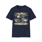 Believe in the Power of Dog German Shepherd T-shirt flat lay in navy blue, featuring a vintage-style illustration of a German Shepherd standing under a moonlit tree with the text "Believe in the Power of Dog."
