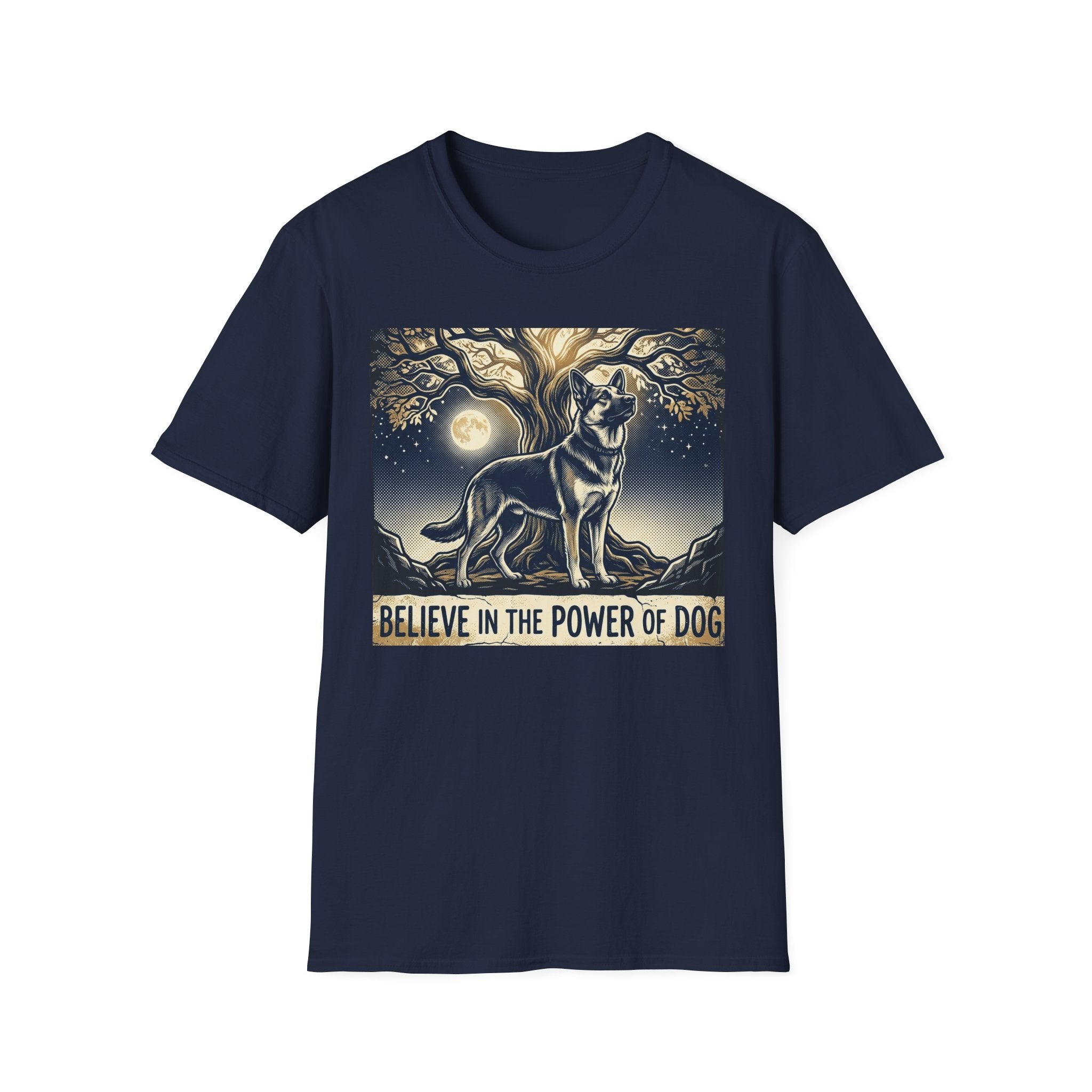 Believe in the Power of Dog German Shepherd T-shirt flat lay in navy blue, featuring a vintage-style illustration of a German Shepherd standing under a moonlit tree with the text "Believe in the Power of Dog."