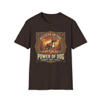 Believe in the Power of Dog Pitbull Cityscape T-Shirt in dark chocolate brown, flat lay, featuring a retro-style badge graphic of a muscular brown and white Pitbull standing proudly before a warm urban cityscape at sunset, with text reading Believe in the Power of Dog and Strength, Heart, Loyalty.
