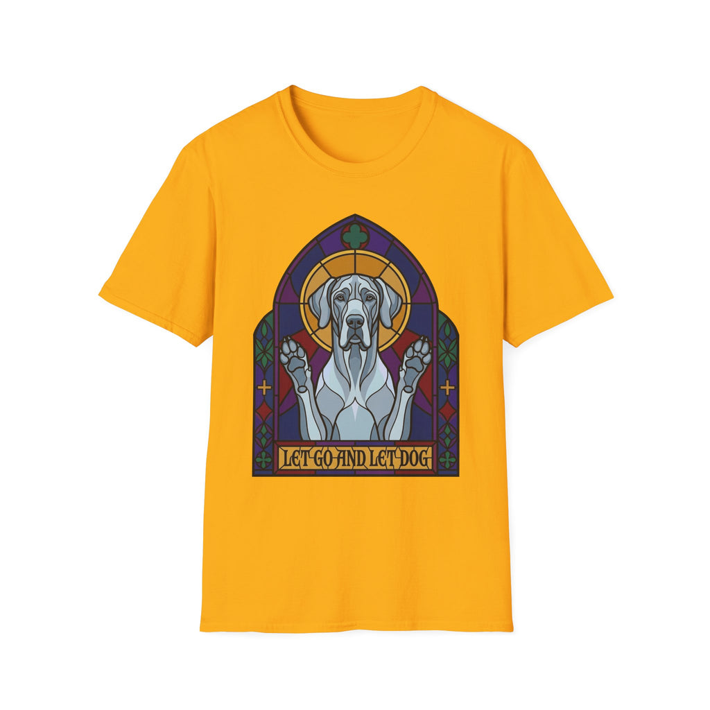 Let Go Let Dog Great Dane T-Shirt, flat lay on gold tee featuring a stained-glass style Great Dane depicted as a spiritual figure with paws raised in a Gothic arch and the text Let Go and Let Dog.