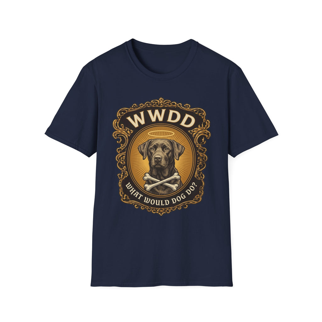 What Would Dog Do Chocolate Lab T-Shirt flat lay on navy, featuring an ornate gold WWDD badge with a halo-wearing chocolate Labrador and crossbones and the text 'What Would Dog Do?'