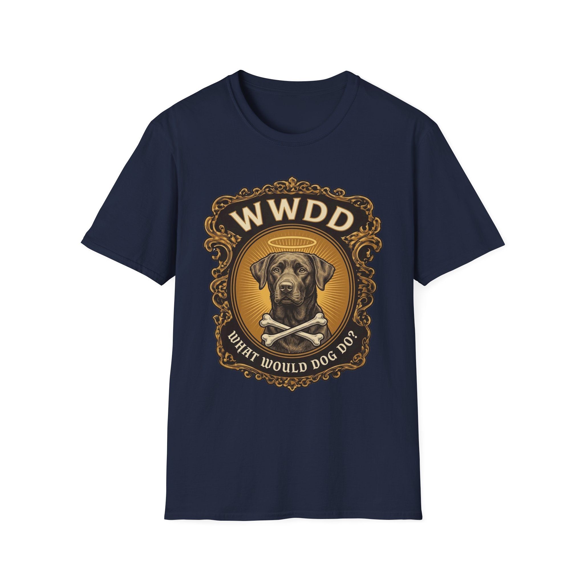 What Would Dog Do Chocolate Lab T-Shirt flat lay on navy, featuring an ornate gold WWDD badge with a halo-wearing chocolate Labrador and crossbones and the text 'What Would Dog Do?'