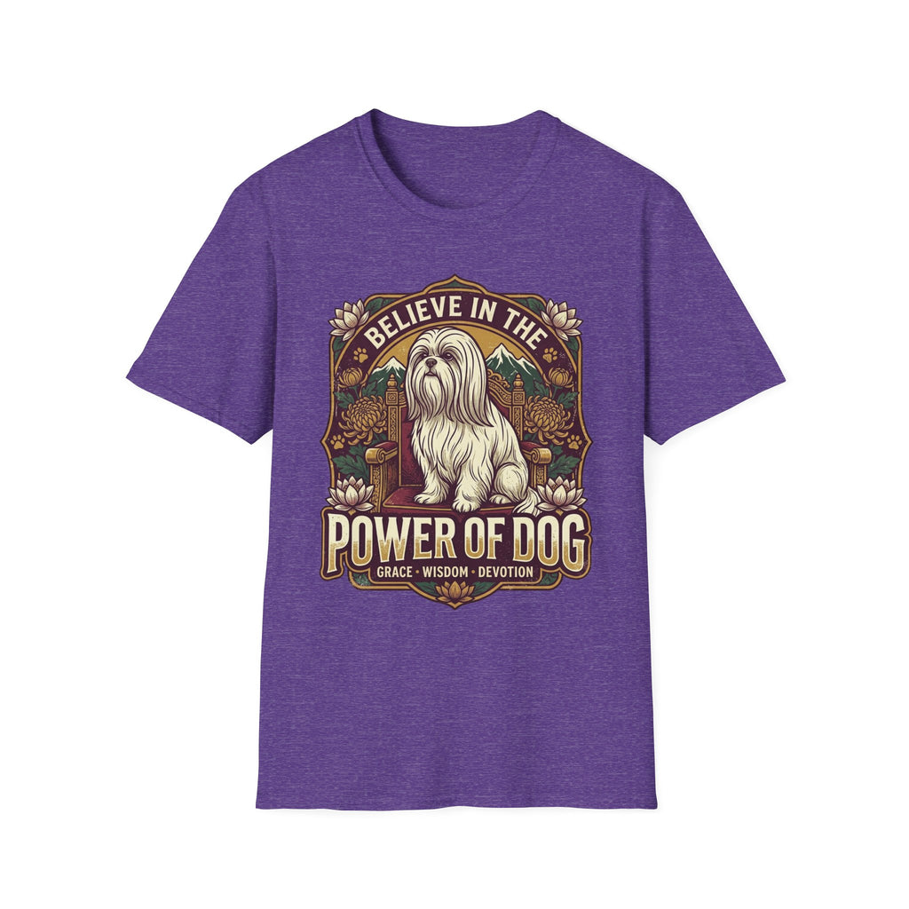 Believe in the Power of Dog Shih Tzu Throne T-Shirt in heather purple, flat lay, featuring a vintage badge graphic of a fluffy white Shih Tzu seated regally on a throne surrounded by lotus flowers and mountains, with text reading Believe in the Power of Dog and Grace, Wisdom, Devotion.