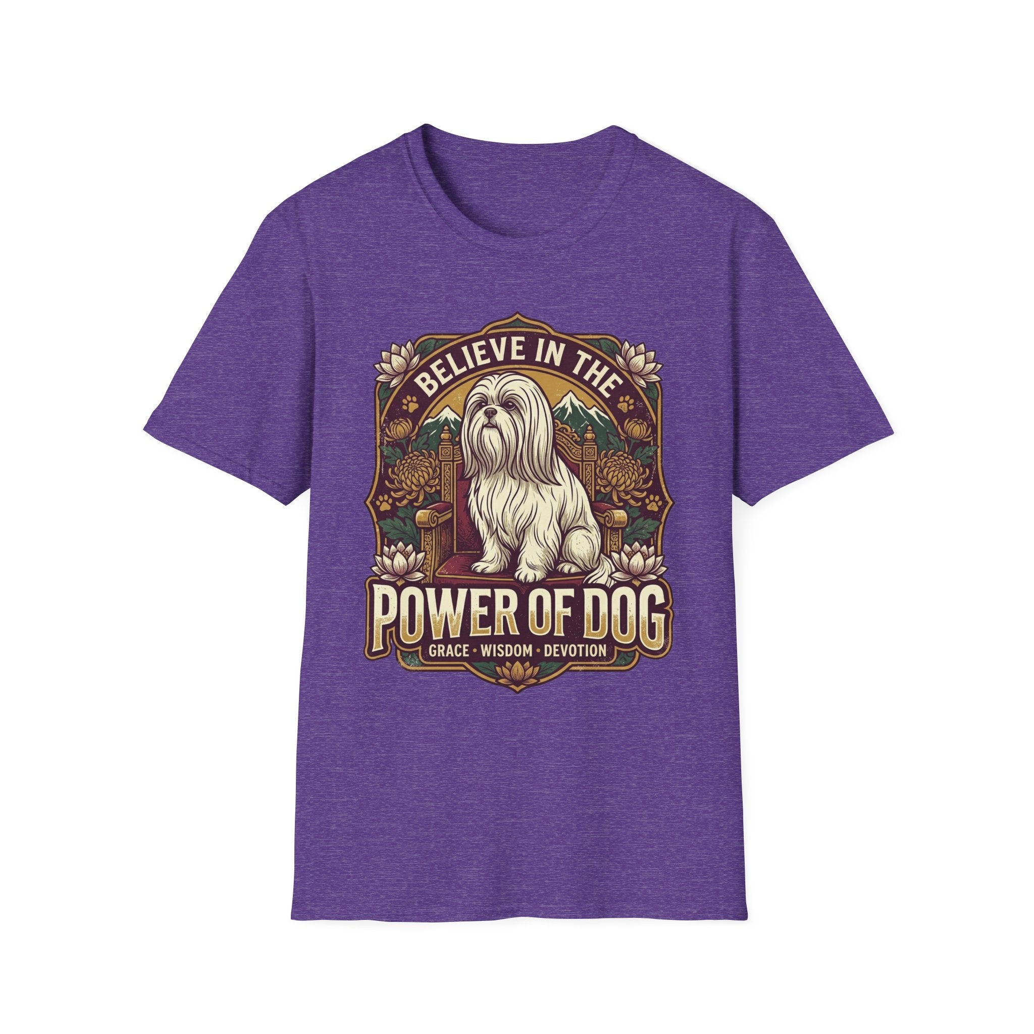 Believe in the Power of Dog Shih Tzu Throne T-Shirt in heather purple, flat lay, featuring a vintage badge graphic of a fluffy white Shih Tzu seated regally on a throne surrounded by lotus flowers and mountains, with text reading Believe in the Power of Dog and Grace, Wisdom, Devotion.