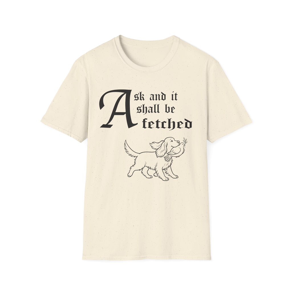 Ask and It Shall Be Fetched | Spaniel T-Shirt flat lay on navy shirt featuring a Shel Silverstein-style pen-and-ink illustration of a Spaniel proudly trotting with a plump dove held with extraordinary gentleness in her mouth, a tiny olive branch in the dove's beak and the text 'Ask and it shall be fetched.'